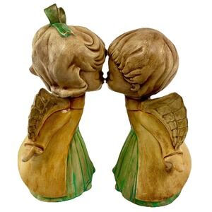 Vintage Kissing Angel Figurines Pair Hand Painted Ceramic‎ 8" Decor 60's-70's